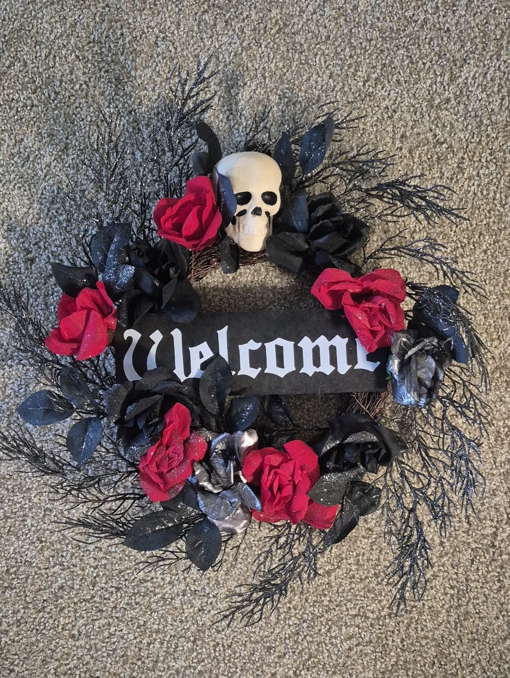 Halloween Skull Welcome Wreath with Red Roses